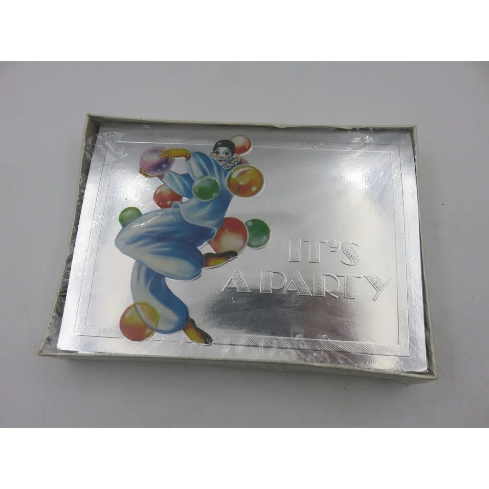 Vintage English Cards Ltd Pierrot Clown Party Invitations Silver Foil Set of 10